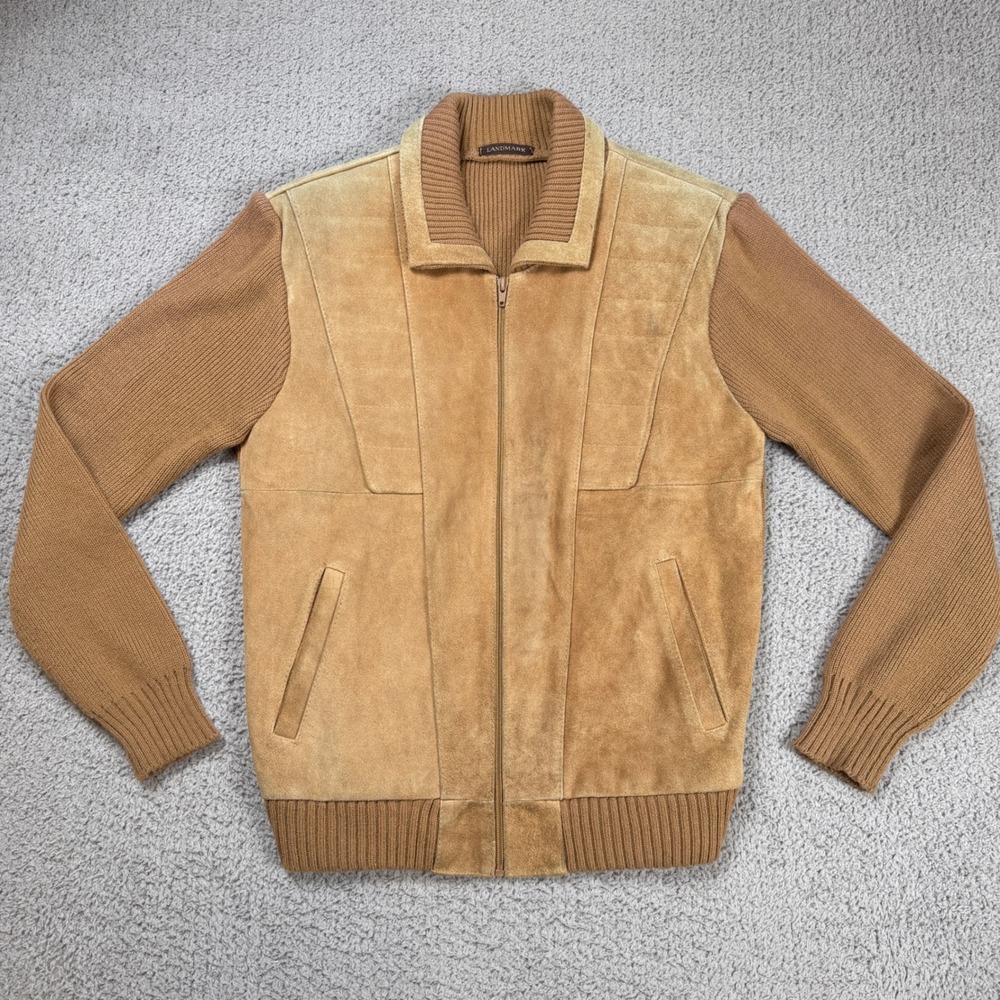 Vintage 80s Landmark Mens Genuine Suede Leather Ribbed Knit Bomber Jacket Brown
